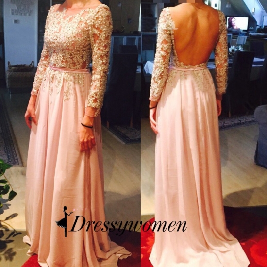 Hot Sell Long Prom Dress - Pear Pink Scoop Backless with Long Sleeve - Click Image to Close