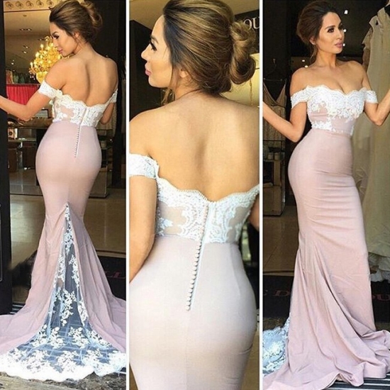 Hot Sell Mermaid/Trumpet Prom Dress - Blush Off-the-Shoulder with White Lace - Click Image to Close