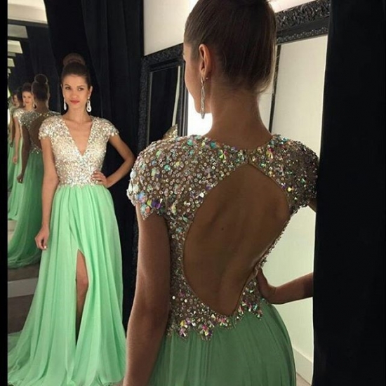 Sexy Long Prom Dress - Mint Green V-Neck Split Side Cap Sleeve with Beaded - Click Image to Close