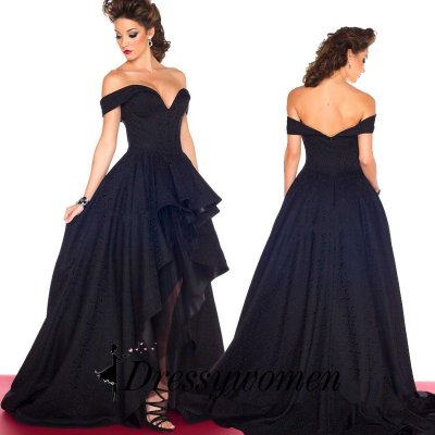 Sexy Hi Low Prom Dress - Dark Navy Off-the-Shoulder with Circle Skirt
