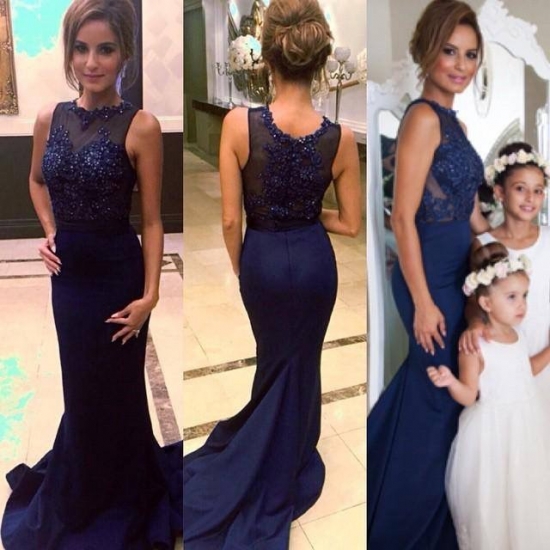 Sexy Mermaid Prom/Evening Dress - Navy Blue Crew Neck with Appliques - Click Image to Close
