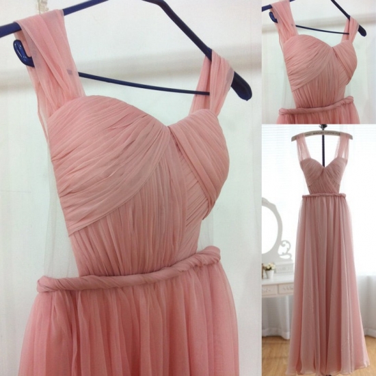 Elegant Straps A-line Backless Pink Long Prom Dress Evening Gown - Click Image to Close