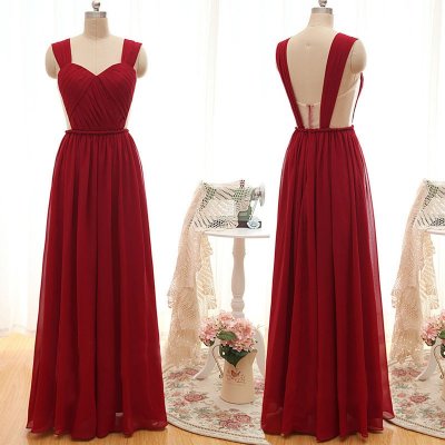 Simple Straps Ruffles A-line Long Red Bridesmaid Dress