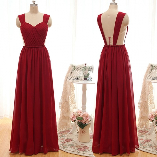 Simple Straps Ruffles A-line Long Red Bridesmaid Dress - Click Image to Close