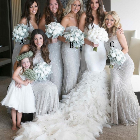 Elegant Strapless Long Sliver Grey Mermaid Bridesmaid Dress With Sequins - Click Image to Close