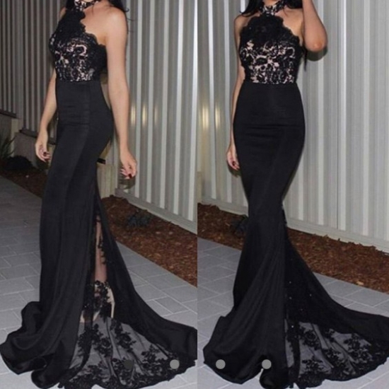 Elegant Halter Appliques Black Mermaid Long Prom Dress - Click Image to Close