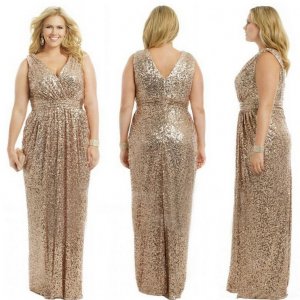 Elegant V-Neck Sequins Plus Size Bridesmaid Evening Dress