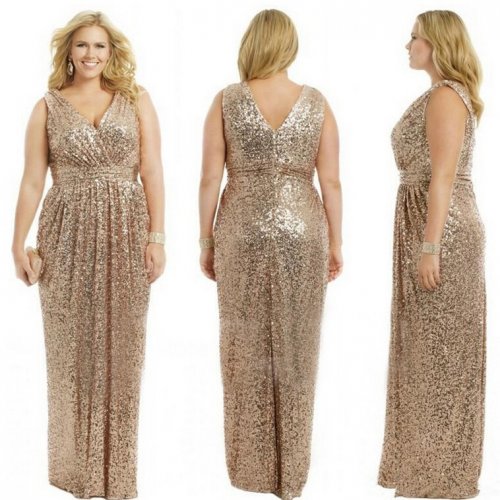 Elegant V-Neck Sequins Plus Size Bridesmaid Evening Dress