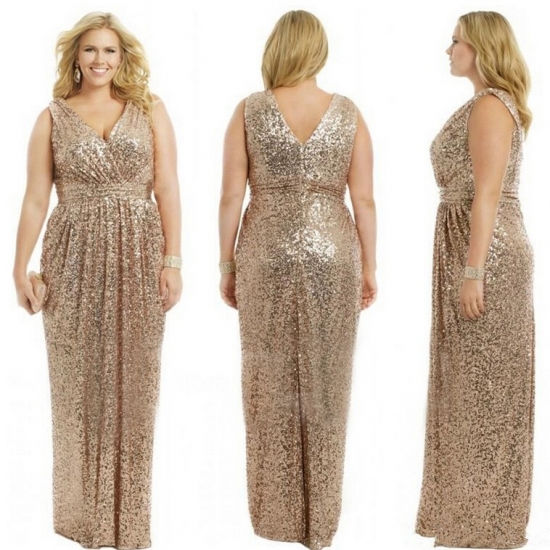 Elegant V-Neck Sequins Plus Size Bridesmaid Evening Dress - Click Image to Close