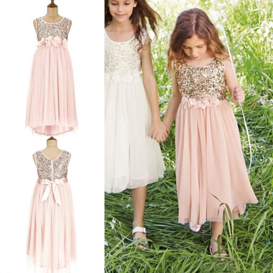Sweet Sequins Tea-Length Flower Girl Dresses with Flowers - Click Image to Close