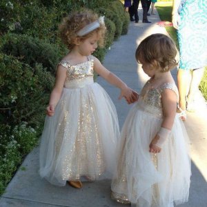 Sweet Floor Length Princess Gold Sequins Flower Girl Dress