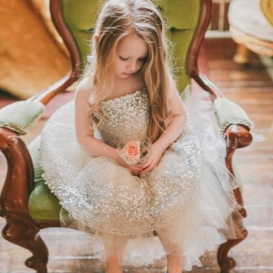 Ball Gown Strapless Knee-Length Sequined Flower Girl Dress - Click Image to Close