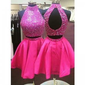 Stunning Two-piece Taffeta Halter Rose Red Homecoming Dresses with Rhinestones