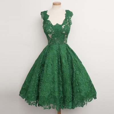 Ball Gown Scoop Knee-Length Hunter Lace Vintage Hoco Dress