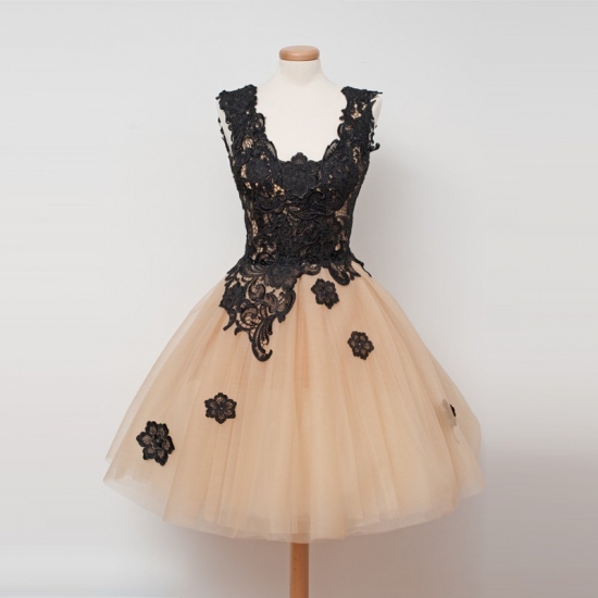 Vintage Ball Gown Champagne Homecoming Dresses with Black Lace - Click Image to Close