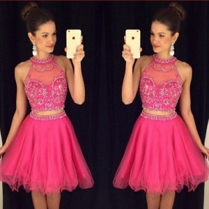 Sevy Halter Rose Short/Mini Homecoming Dresses/Cocktail Dresses with Beaded