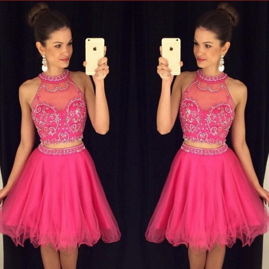 Sevy Halter Rose Short/Mini Homecoming Dresses/Cocktail Dresses with Beaded - Click Image to Close