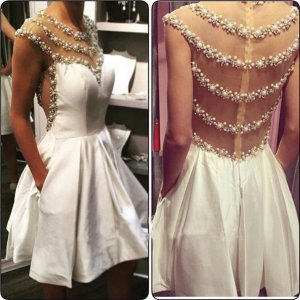 Timeless Jewel Cap Sleeves Short White Homecoming Dresses with Pearls