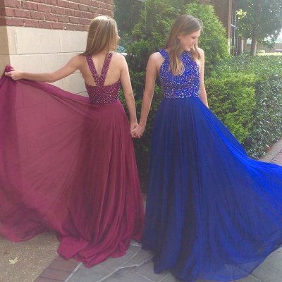 Elegant Floor-Length Jewel Sleeveless Royal Blue Prom Dresses with Beaded