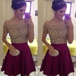 Exquisite Off-the-shoulder Short Sleeves Short Burgundy Homecoming Dress with Beading