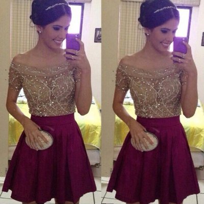 Exquisite Off-the-shoulder Short Sleeves Short Burgundy Homecoming Dress with Beading