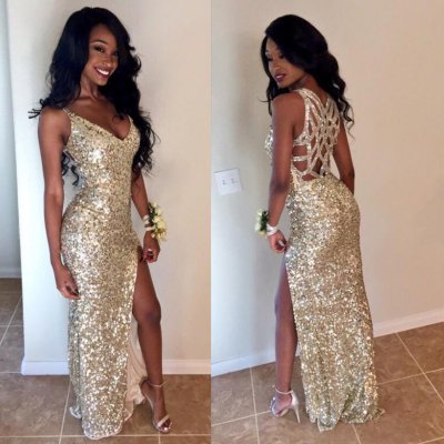 Mermaid V-neck Floor-Length Gold Sequined Prom Dress with Split