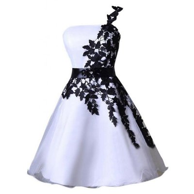 Exquisite One Shoulder Knee-Length Ivory Organza Homecoming Dress with Black Appliques