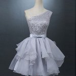 Stylish One Shoulder Short Grey Organza Homecoming Dress with Beading Bowknot Open Back