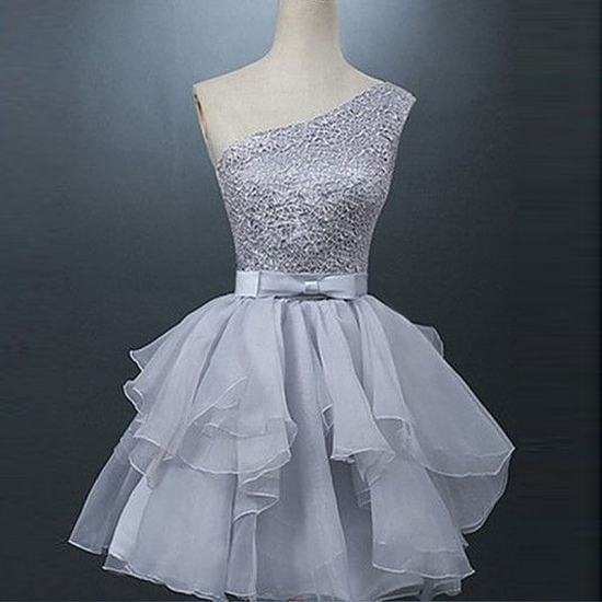 Stylish One Shoulder Short Grey Organza Homecoming Dress with Beading Bowknot Open Back - Click Image to Close