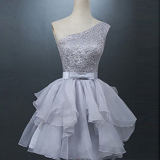 Stylish One Shoulder Short Grey Organza Homecoming Dress with Beading Bowknot Open Back - Click Image to Close