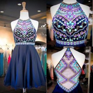 Stunning Jewel Sleeveless Short Navy Blue Homecoming Dress with Beading