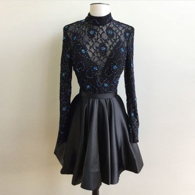 Generous High Neck Long Sleeves Open Back Short Black Homecoming Dress with Beading Lace