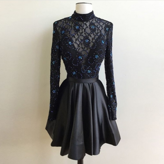 Generous High Neck Long Sleeves Open Back Short Black Homecoming Dress with Beading Lace - Click Image to Close