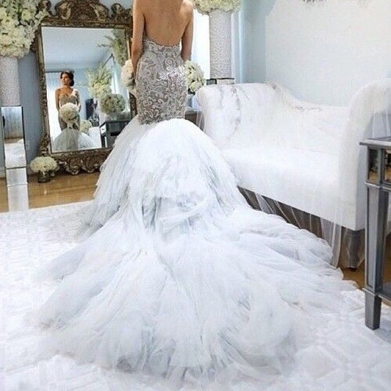 Mermaid Wedding Dress with Sweetheart Neck Tiered Watteau Train - Click Image to Close