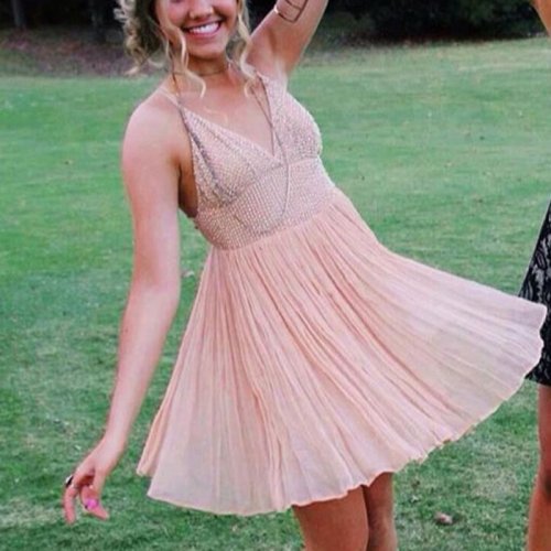 Trendy Homecoming Dress - Short Pink with V-neck Beading