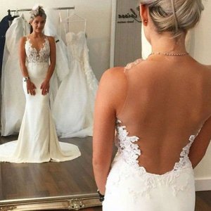 Sexy Sheath Wedding Dress - Jewel Sleeveless Illusion Back with Lace Top Sweep Train