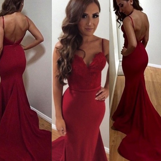 Hot Selling Burgundy Spaghetti Straps Sleeveless Lace Backless Long Prom Dress - Click Image to Close