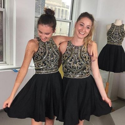 Sweet Black A-Line Jewel Sleeveless Sequins Short Prom Dress with Beading