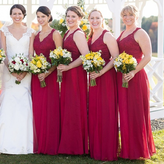 Stylish Burgundy Bridesmaid Dress - V Neck Long Pleated with Lace - Click Image to Close