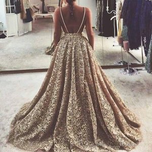 A-line Lace Wedding Dress - Champagne Gold Backless V-neck Sweep Train