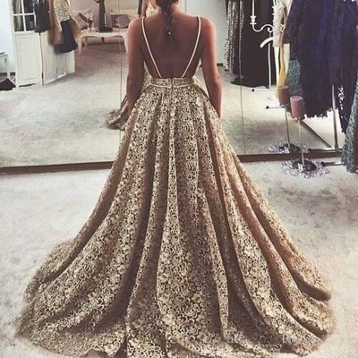 A-line Lace Wedding Dress - Champagne Gold Backless V-neck Sweep Train