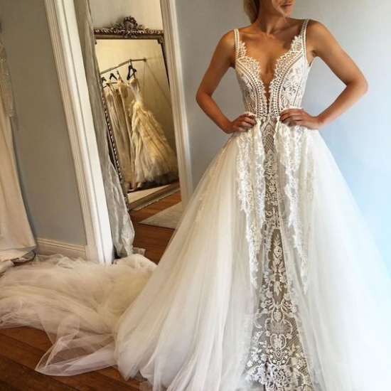 A-Line Deep V-neck Chapel Train Wedding Dress with Lace - Click Image to Close