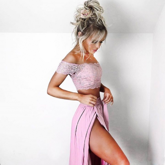 Two Piece Off-the-Shoulder Floor-Length Pink Prom Dress with Sash Lace - Click Image to Close