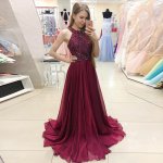 A-line Maroon Jewel Sleeveless Floor-Length Prom Dress with Beading