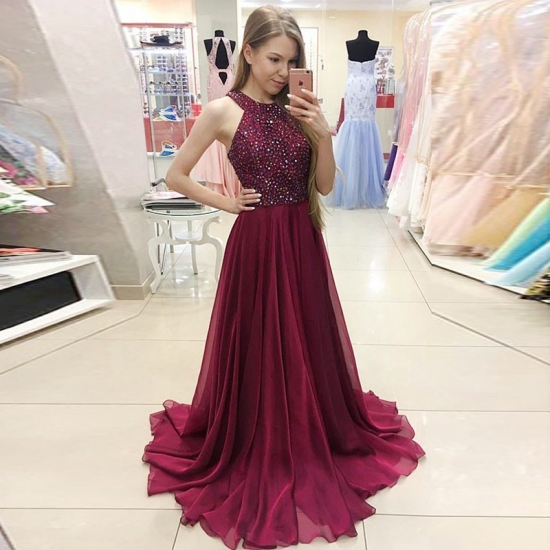 A-line Maroon Jewel Sleeveless Floor-Length Prom Dress with Beading - Click Image to Close