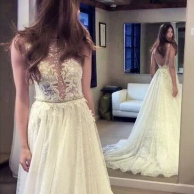A-line Bateau Backless Sequined Wedding Dress with Pearls Appliques