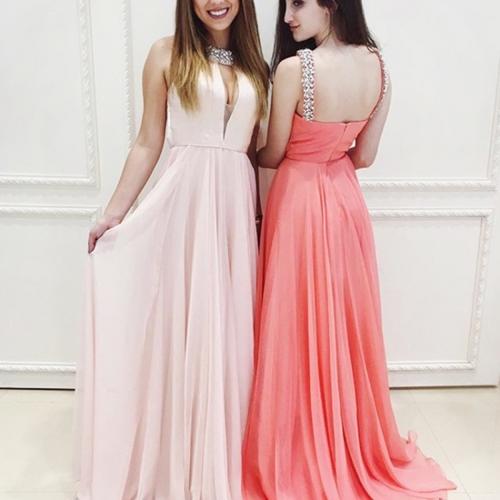 A-line High Neck Keyhole Pearl Pink / Coral Prom Dress with Beading - Click Image to Close