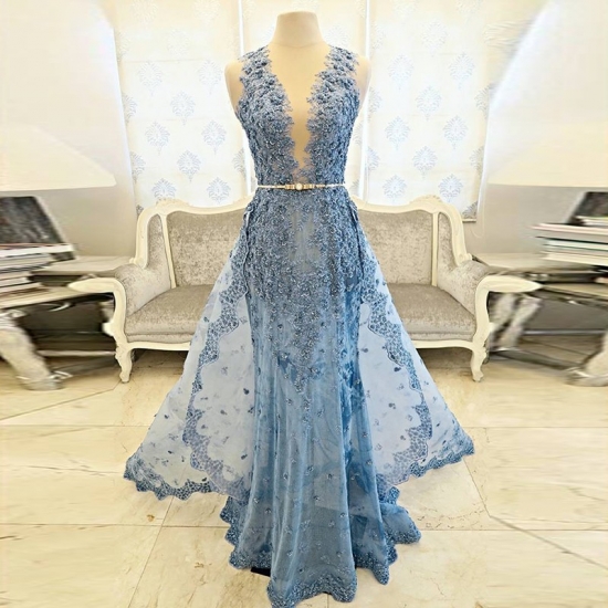 Blue Sheath Illusion Prom Dress with Belt Lace Detachable Train - Click Image to Close
