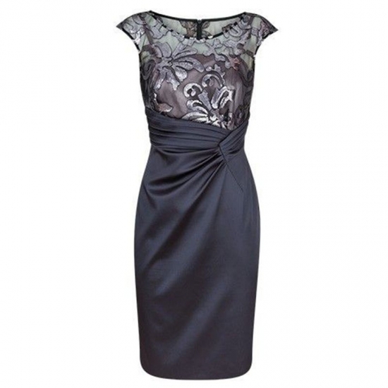 Dark Grey Sheath Short Mother of The Bride Dress Ruched with Lace - Click Image to Close