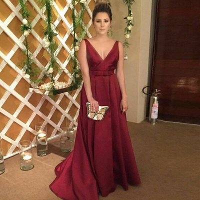 Burgundy Backless V-neck Sweep Train Prom Dress with Bowknot Pleats